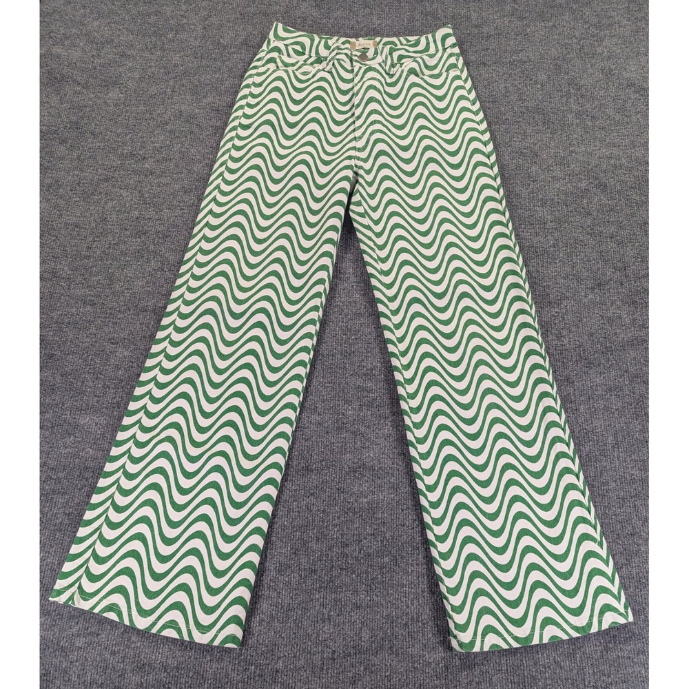 Altar'd State Green White Wavy Swirl Wide Leg Pants High Rise Retro BP6376 Small
